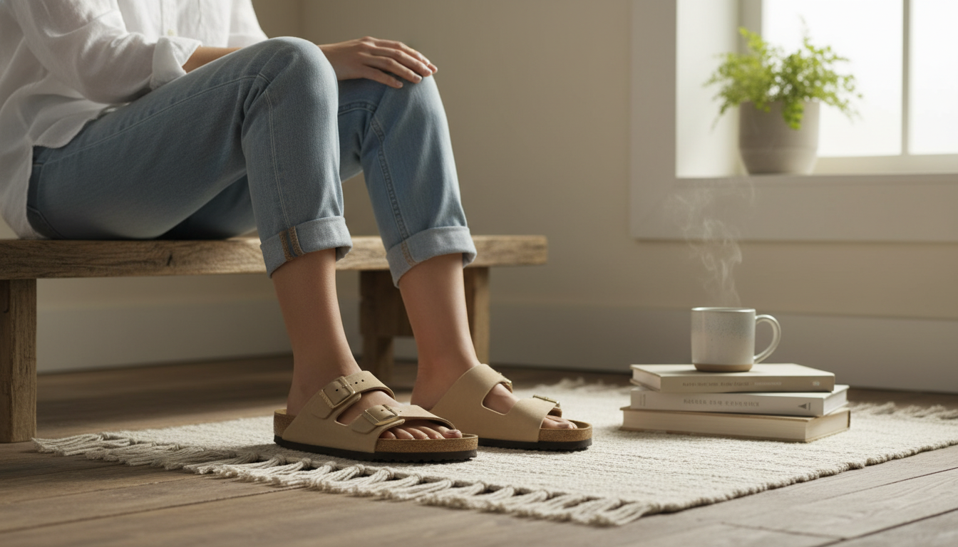 Birkenstock Beige Buckle Slippers: Leather-Lined Comfort